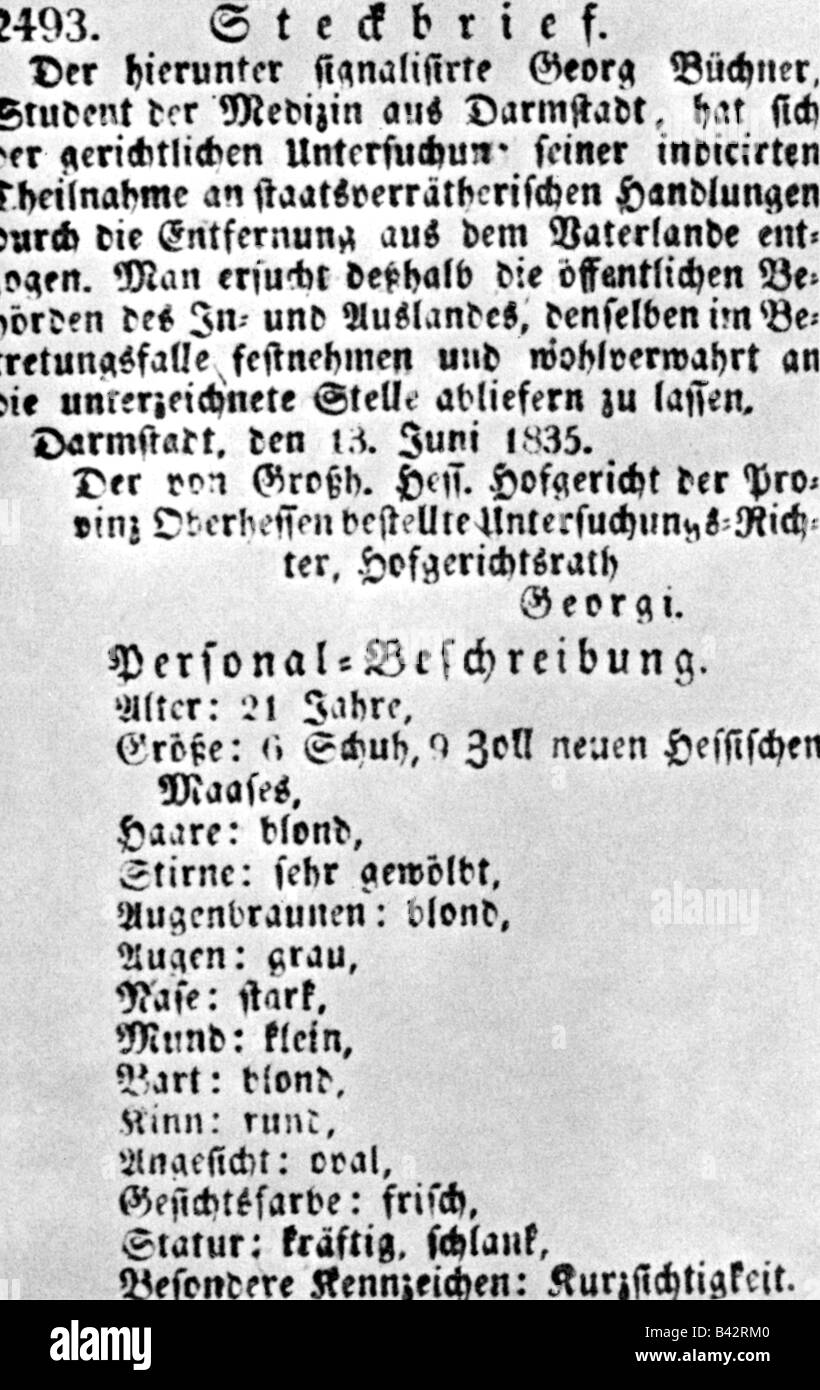 Büchner, Georg 17.10.1813 - 19.2.1837, German writer / author, wanted poster, treason, Darmstadt 13.6.1835, Stock Photo