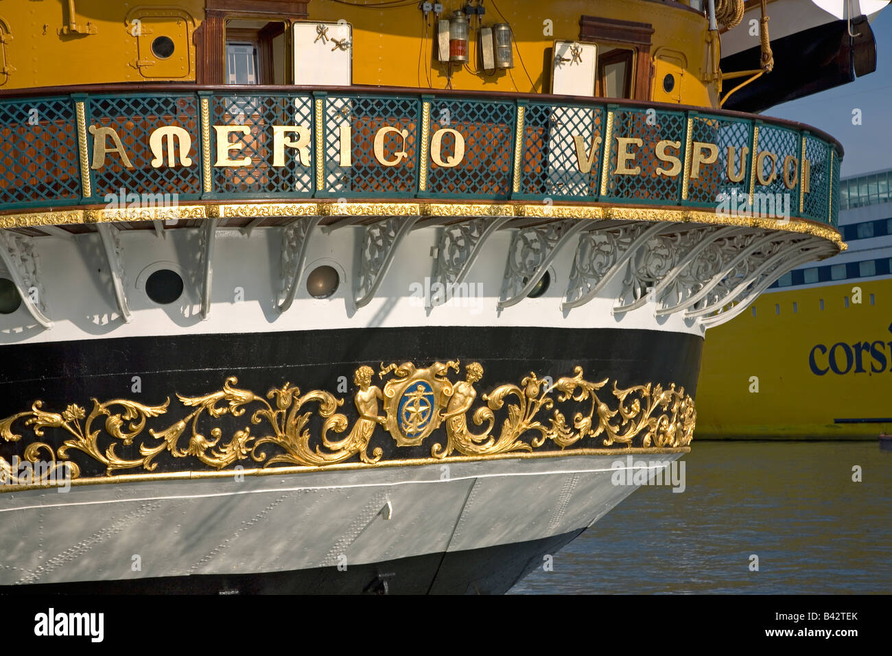 Amerigo Vespucci tallship, named after 15th century explorer and namesake of 'America, ' in Genoa Harbor, Italy, Europe Stock Photo