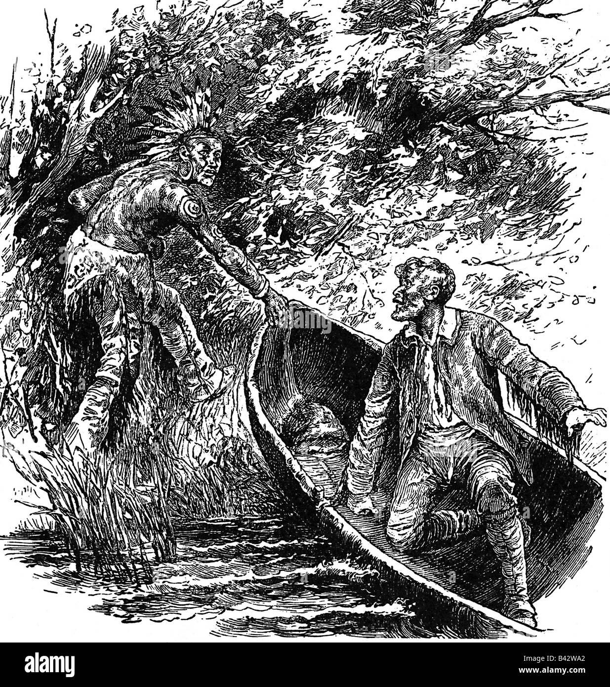 Cooper, James Fenimore, 15.9.1789 - 14.9.1851, American author / writer, works, novel 'The Dearslayer', 1841, illustration, scene, 'Dearslayers capture', wood engraving, 19th century, , Stock Photo