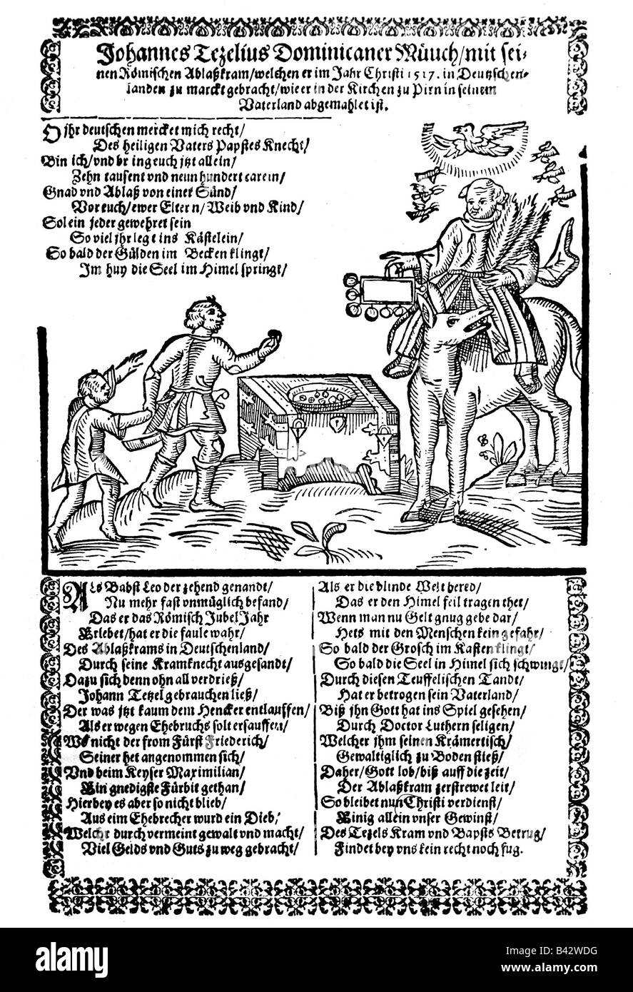 Tetzel, Johannes, um 1465 - 11.8.1519, German clergyman, on a donkey, caricature, woodcut, 1518/1519, , Stock Photo