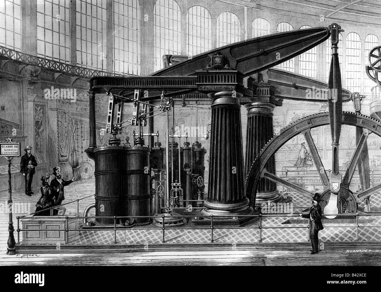 exhibitions, world exposition, Paris, 1.4.1867 - 31.12.1867, steam engine of MM. Powel, wood engraving after drawing by Blanadet, 1867, Exposition Universelle, Expo, international Exhibition, machine, technice, industry, people, visitors, France, 2nd Empire, 19th century, historic, historical, Stock Photo