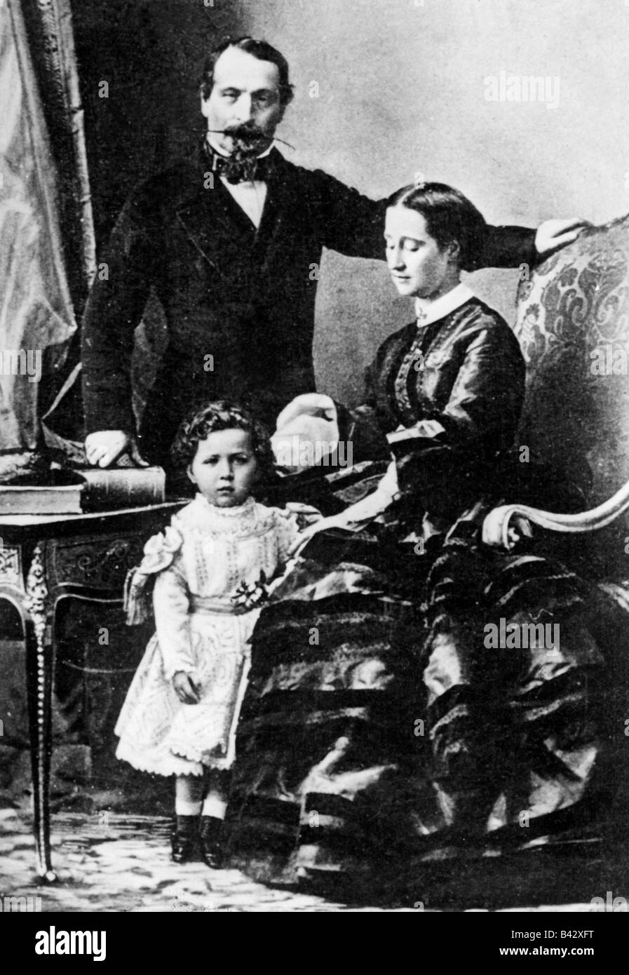 Napoleon III, 20.4.1808 - 9.1.1873, Emperor of the French 2.12.1852 - 2.9.1870, with wife Empress Eugenie and son prince Napoleon Eugene Louis, circa 1860, , Stock Photo