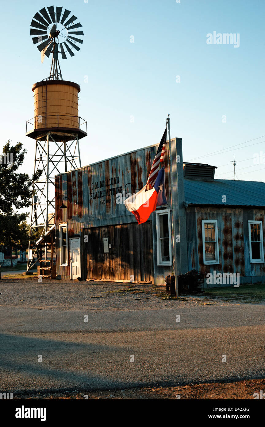 A Texas blacksmith shop at sunset in Grapevine, Texas Stock Photo