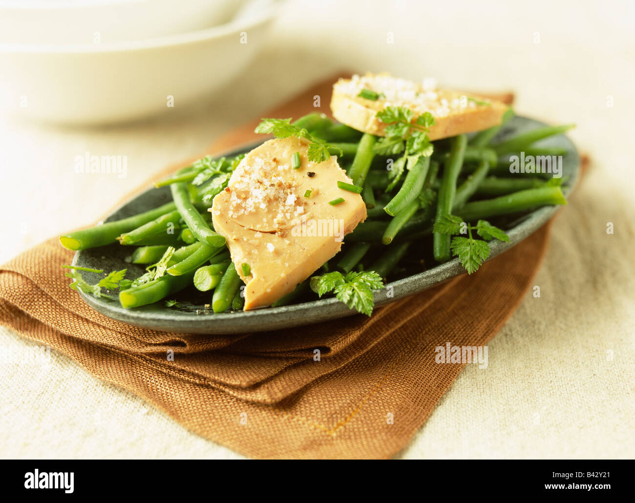 Green bean and foie gras salad Stock Photo