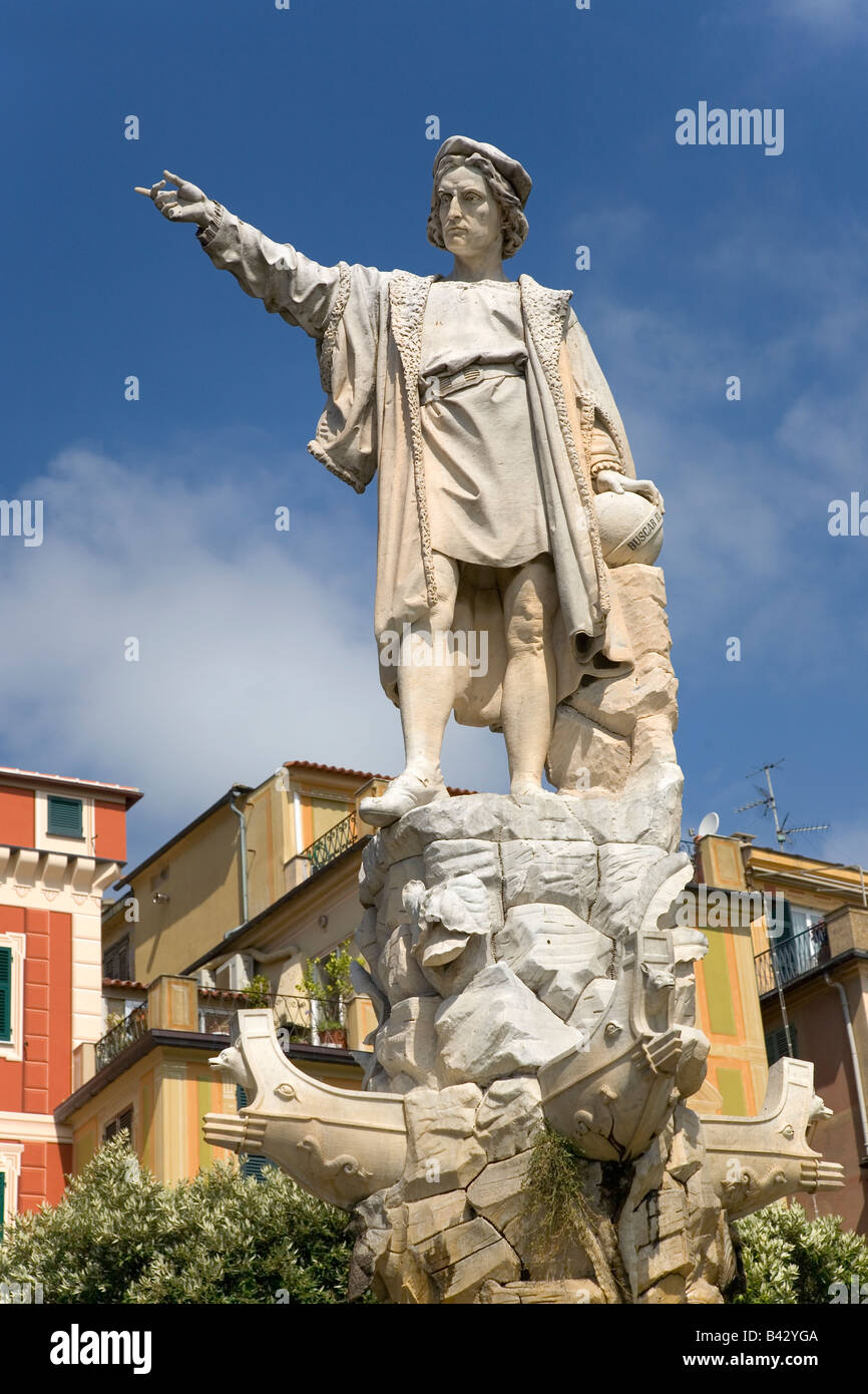 Statue of Christopher Columbus in town center pointing west in village of Santa Margarita, the Italian Riviera, Italy, Europe Stock Photo