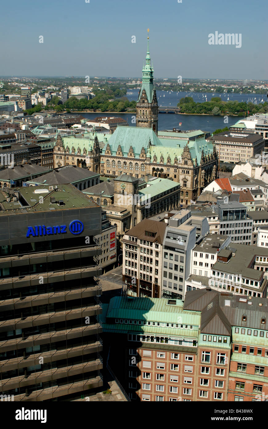 Birds eyes view of the Hamburg town hall in the background the Alster Hamburg Germany Stock Photo
