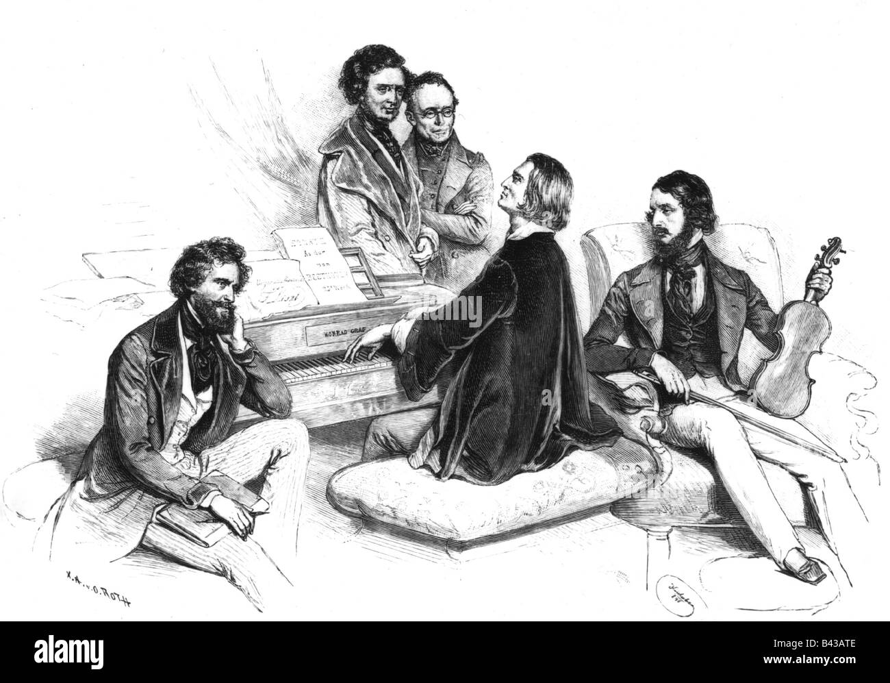 Liszt, Franz, 22.10.1811 - 31.7.1886, Hungarian composer and musician, matinée with Joseph Kriehuber, Hector Berlioz, Carl Czerny and Heinrich Wilhelm Ernst, lithograph by Kriehuber, Vienna, 1846, , Stock Photo