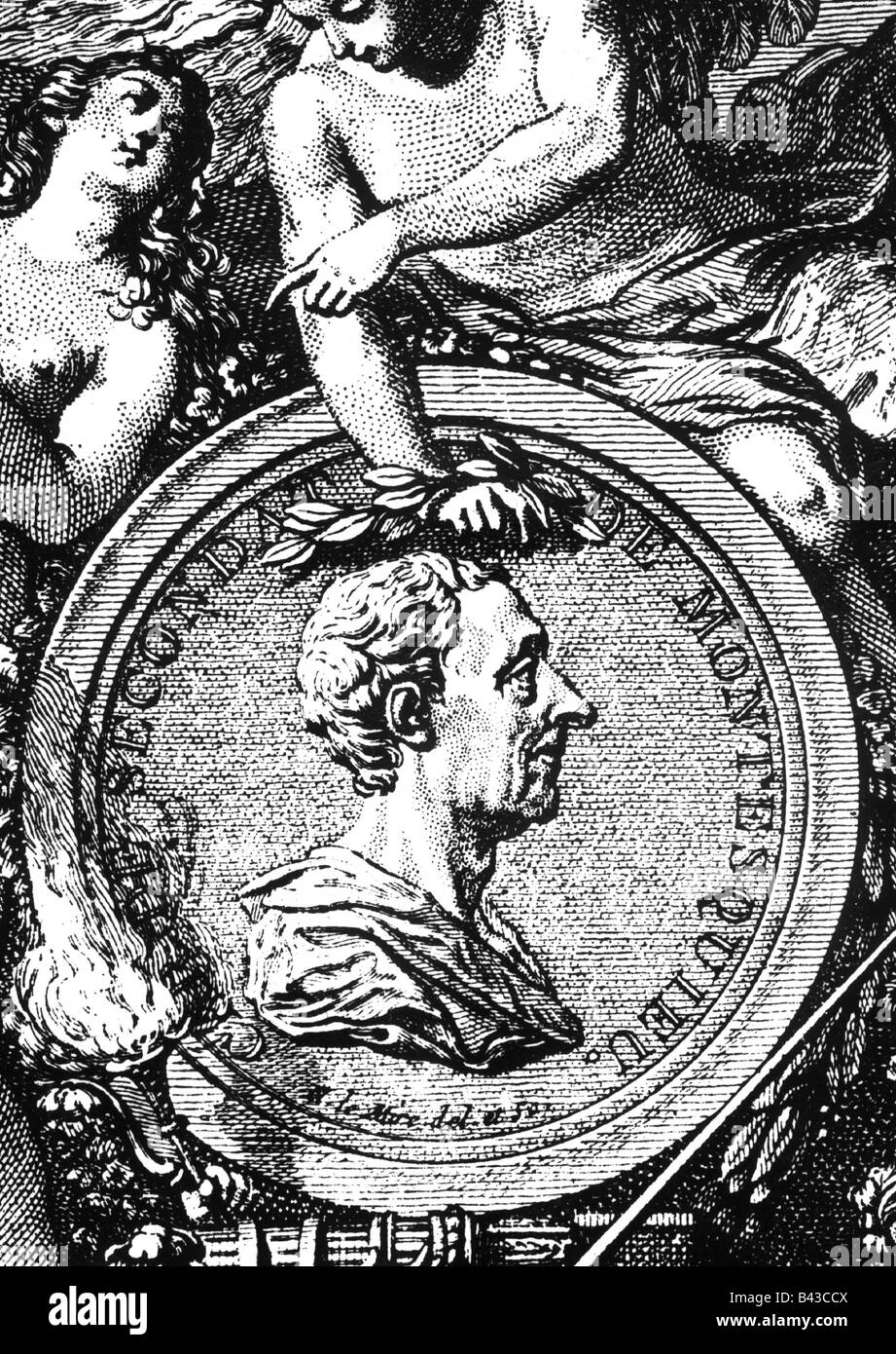 Montesquieu, Charles Baron de, 18.1.1689 - 10.2.1755, French philosopher, side-face, allegorical copper engraving by Mire, after drawing by Eisen, Paris, France, 1772, part of 'Temple de Guide', Artist's Copyright has not to be cleared Stock Photo