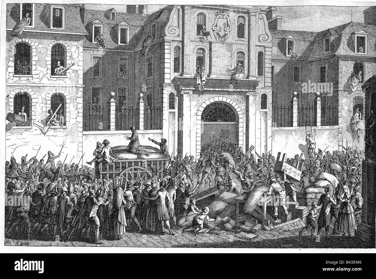geography/travel, France, Revolution 1789 - 1799, looting of Maison da Saint Lazare, Paris, 13.7.1789, contemporary engraving, 18th century, historic, historical, people, Stock Photo