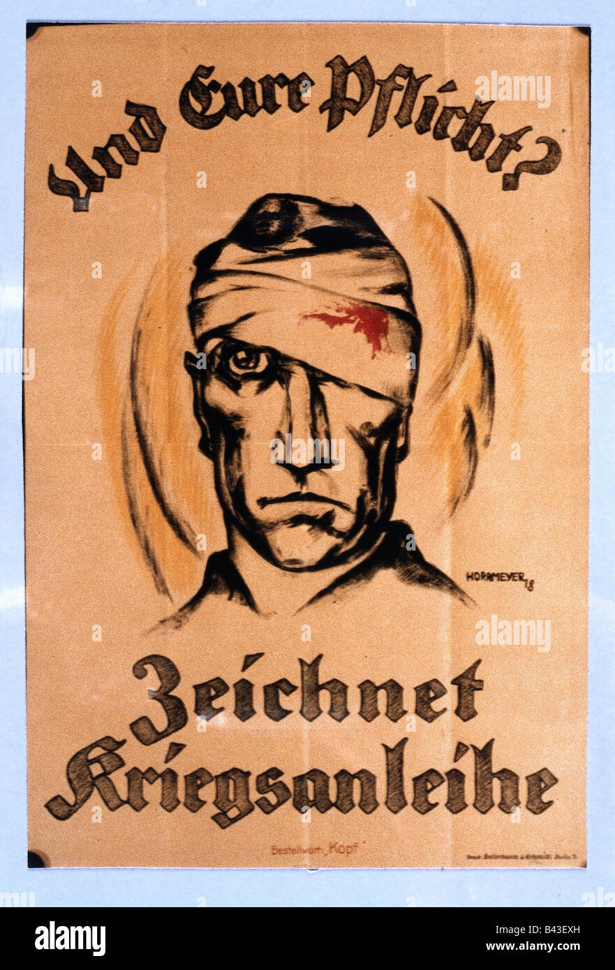 events, First World War / WWI, propaganda, poster 'Und Eure Pflicht? Zeichnet Kriegsanleihe' (And your duty? Buy war bonds), draft by Horrmeyer, Germany, 1918, Stock Photo