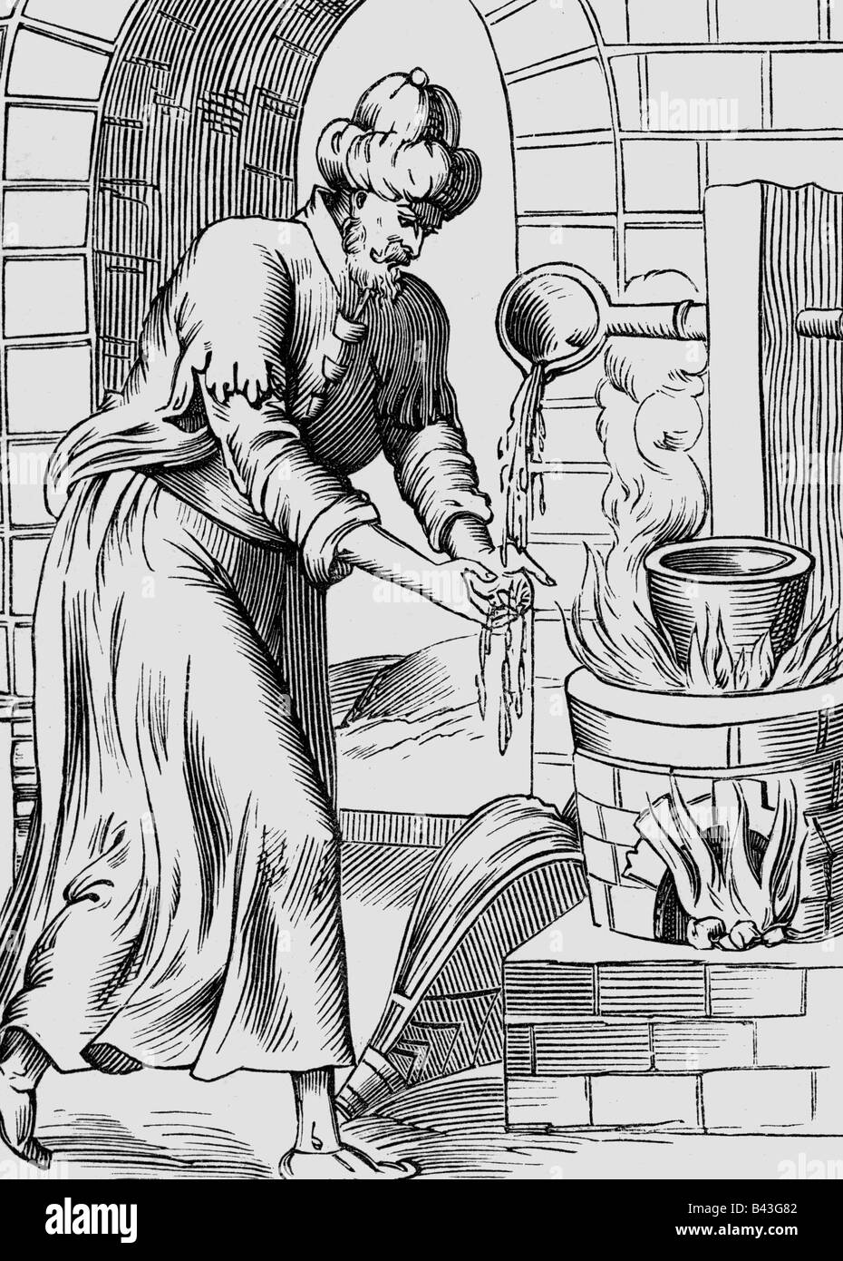 alchemy, alchemists, alchemist washing his hands with liquid lead, copper engraving, 'Histoires merveilleuses' by Pierre Boaistuau, 1560, , Stock Photo