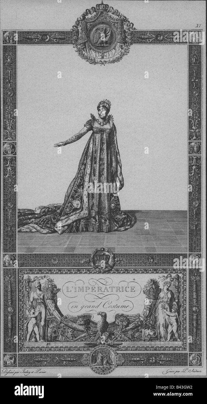 Beauharnais, Josephine de, 23.6.1763 - 29.5.1814, empress of France, full length at coronation gown, cooper engraving by Audoun after Isabey and Piercer, Paris, 1806, Artist's Copyright has not to be cleared Stock Photo