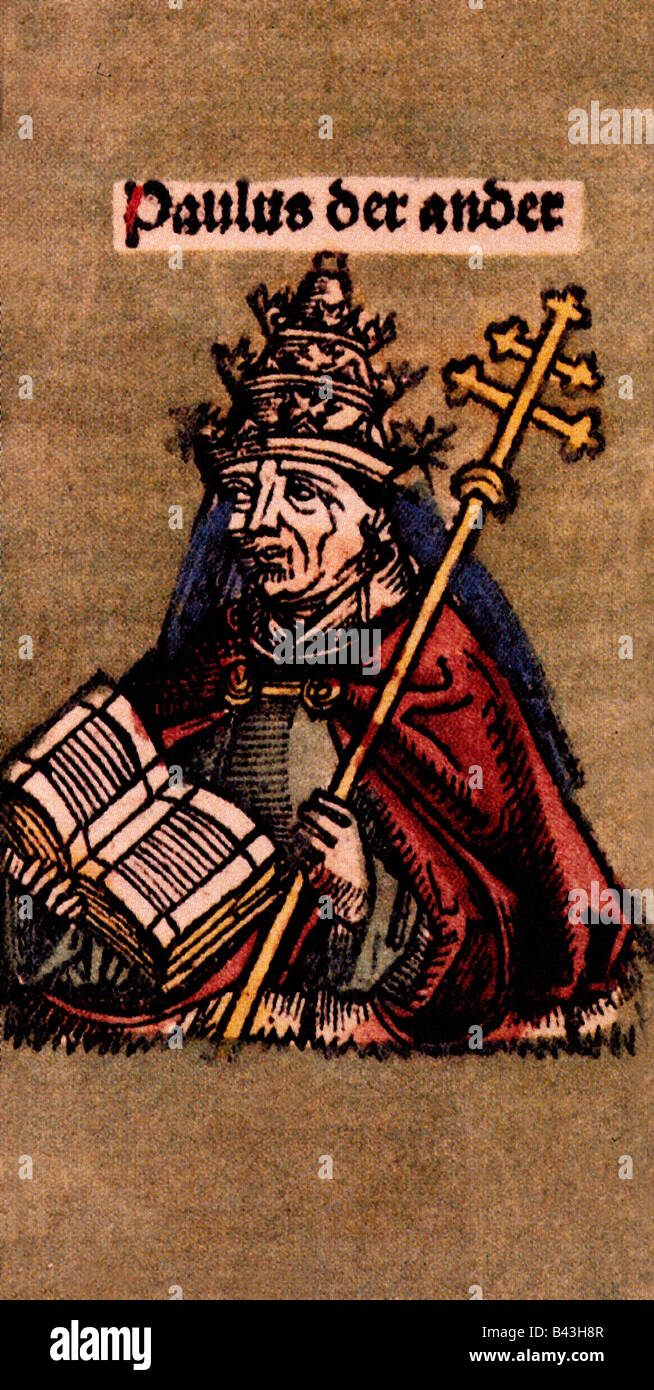 Paul II (Pietro Barbo), 23.2.1417 - 26.7.1471, Pope 30.8.1464 - 26.7.1471, portrait, woodcut by Michael Wohlgemut or Wilhelm Pleydenwurff, World Chronicle of Hartmann Schedel, Nuremberg, 1493, Artist's Copyright has not to be cleared Stock Photo