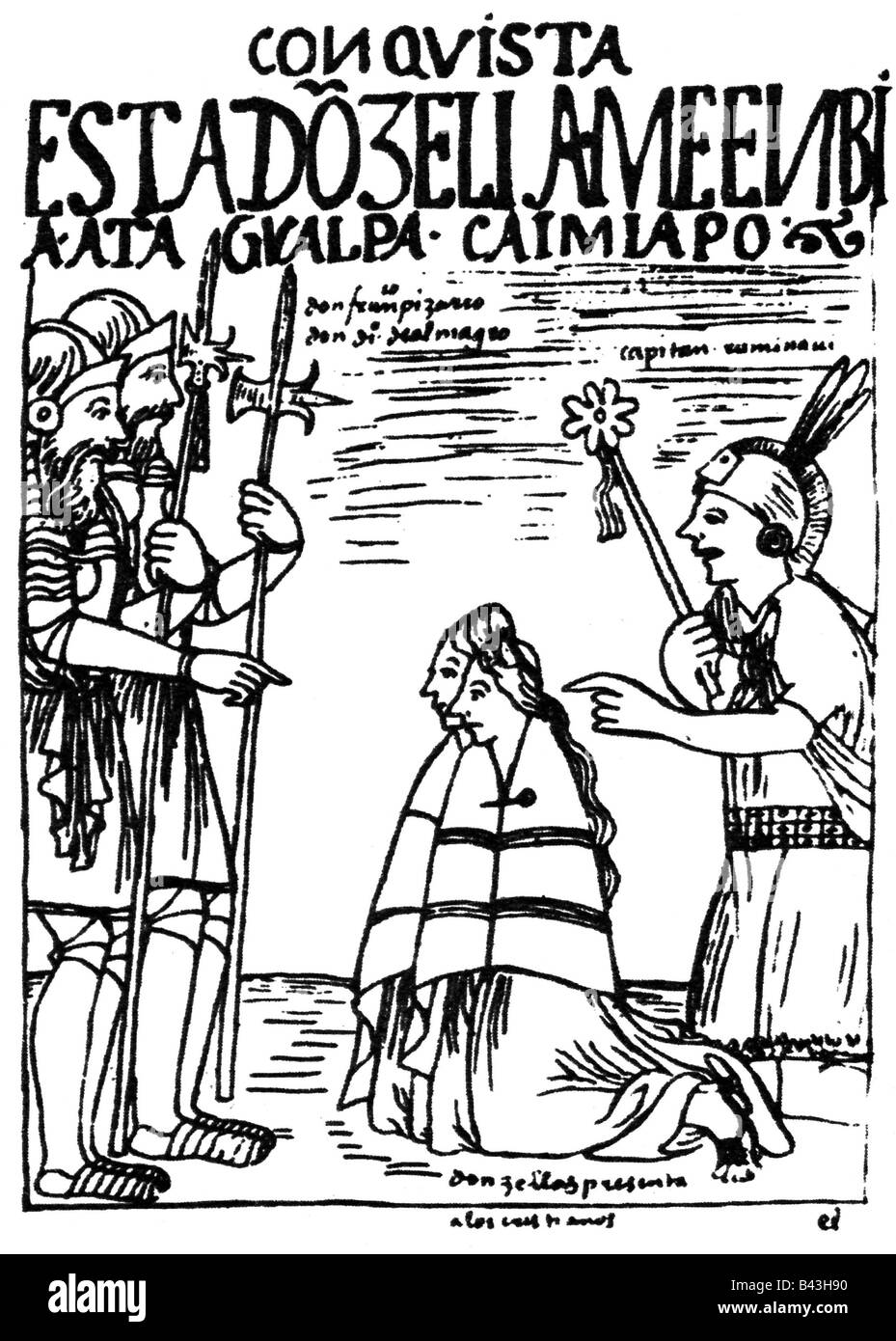 Pizarro, Francisco, circa 1475 - 26.6.1541, Spanish conquistador, recieving women as a present by Atahualpa, engraving from 'Nueva coronica y buen gobierno' by  Felipe Guaman Poma de Ayala, circa 1613, Stock Photo