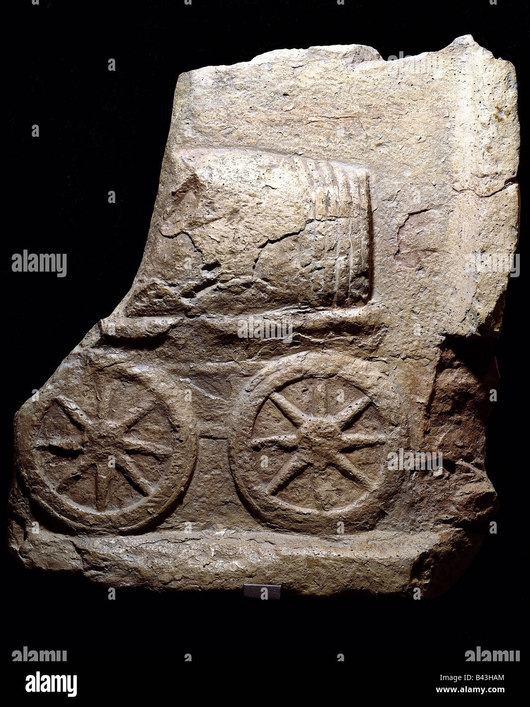 fine arts, Roman Empire, relief, depicting a carriage, fragment,  Epochen, Römisches Reich, Relief, Hl. Kreuz - Kirche, Augsburg, Germany, 2nd/3rd century AD, , Artist's Copyright has not to be cleared Stock Photo