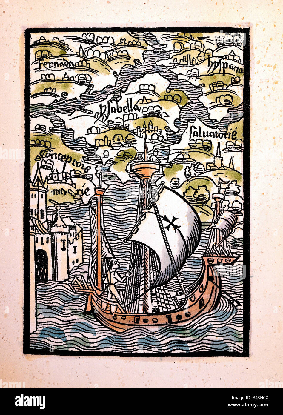 Columbus, Christopher, 1451 - 20.5.1506, Italian explorer, scene, arriving at Caribbean islands, printed by Michael Furter, woodcut by Haintz Narr, circa 1500, , Stock Photo