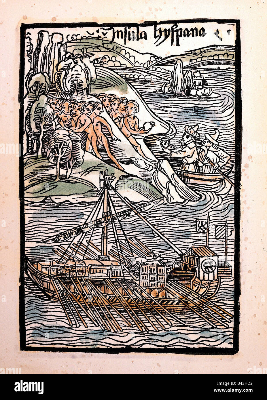 CKolumbus, Christopher, 1451 - 20.5.1506, Italian explorer, scene, arriving at Hispaniola, printed by Michael Furter, woodcut by Haintz Narr, circa 1500, Stock Photo