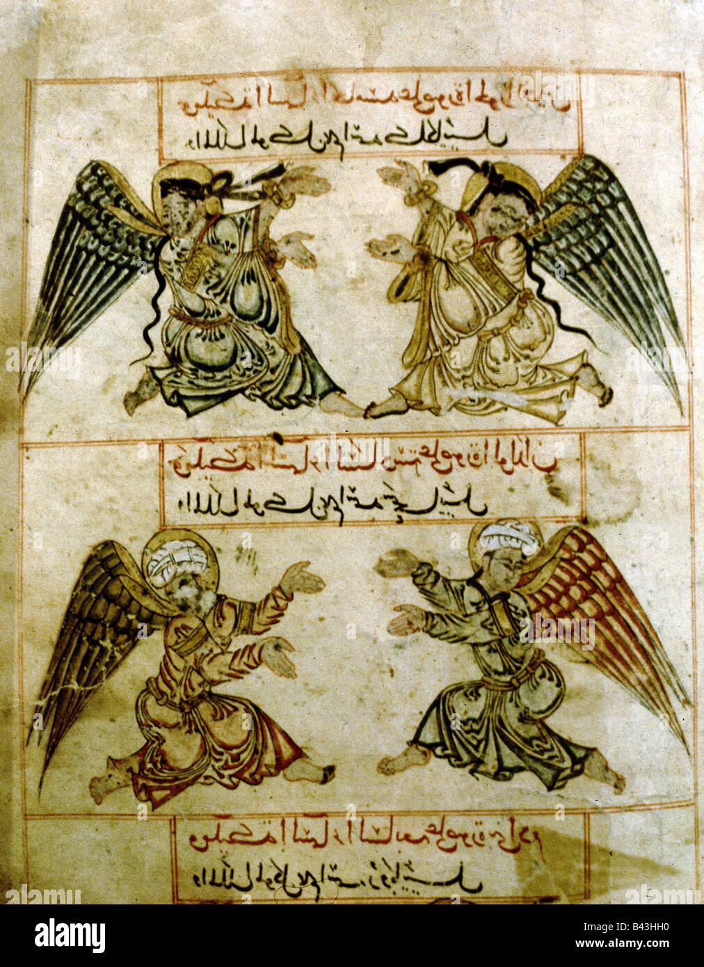 religion, Islam, four angels, book of wonder of creation, Persian miniature on vellum, parchment, late 13th century, private collection, Istanbul, Persia, Shiite, Shiitic, figurative illustration, Moslem art, Islamic, historic, historical, book-painting, book painting, illuminated manuscript, middle ages, Stock Photo