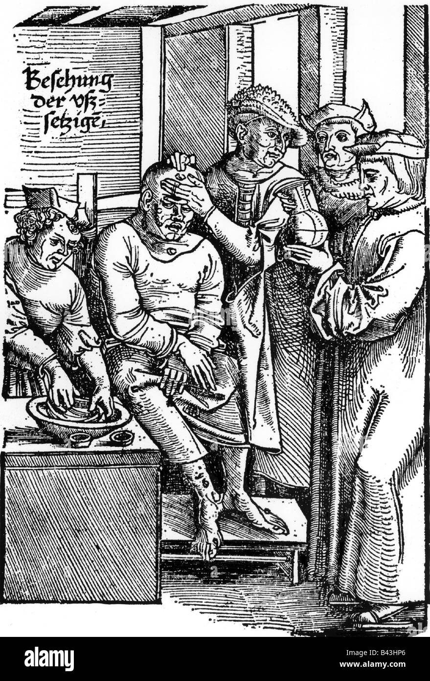 medicine, disease, leprosy, leper in the hospital, wodcut, Germany, circa 1535, Stock Photo