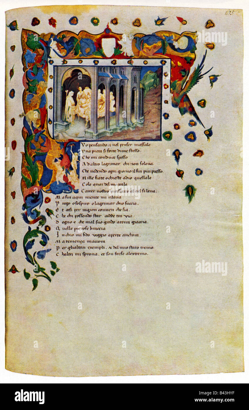 Petrarch, ( Petrarca, Francesco ), 20.7.1304 - 19.7.1374, Italian humanist, author, poet, scholar, work 'Canzoniere' , 264 canto, text and miniature, manuscript Bologna 1414, Bayerische Staatsbibliothek München, Stock Photo