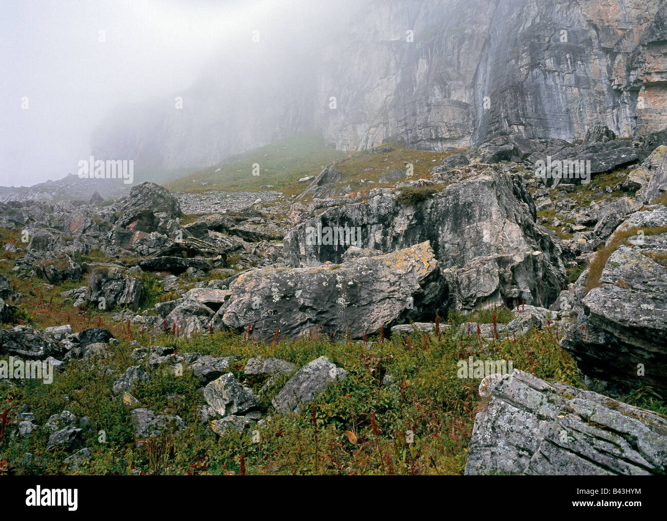 Wild misty mountainscape on the climb to Col du Sanetsch near Derborence Wallis Valais  Europe Switzerland Stock Photo