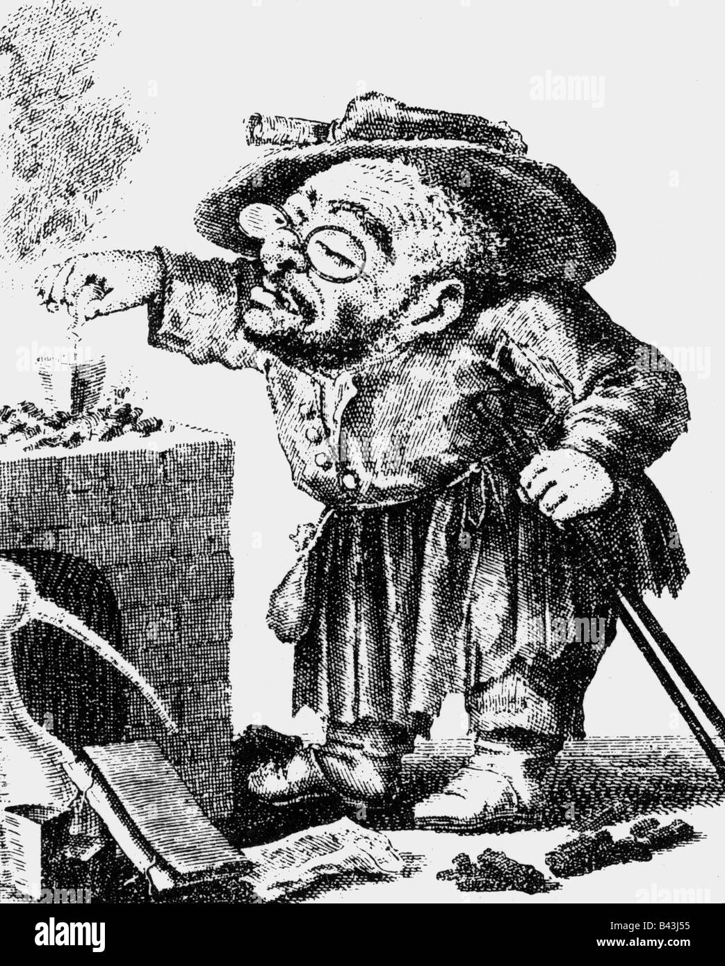 alchemy, alchemists, caricature, alchemist Blasius Rauchmantel, copper engraving, 'Callots newly established dwar cabinet', Amsterdam, 1716, , Stock Photo