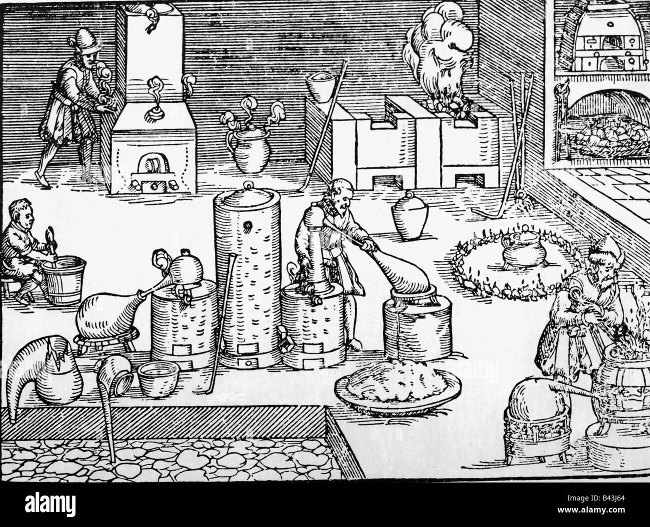 alchemy, laboratories, woodcut, 'Beschreibung allerfuerneminsten mineralischen Ertz und Bergwecks arten' by Lazarus Ercker, 1598, , Stock Photo