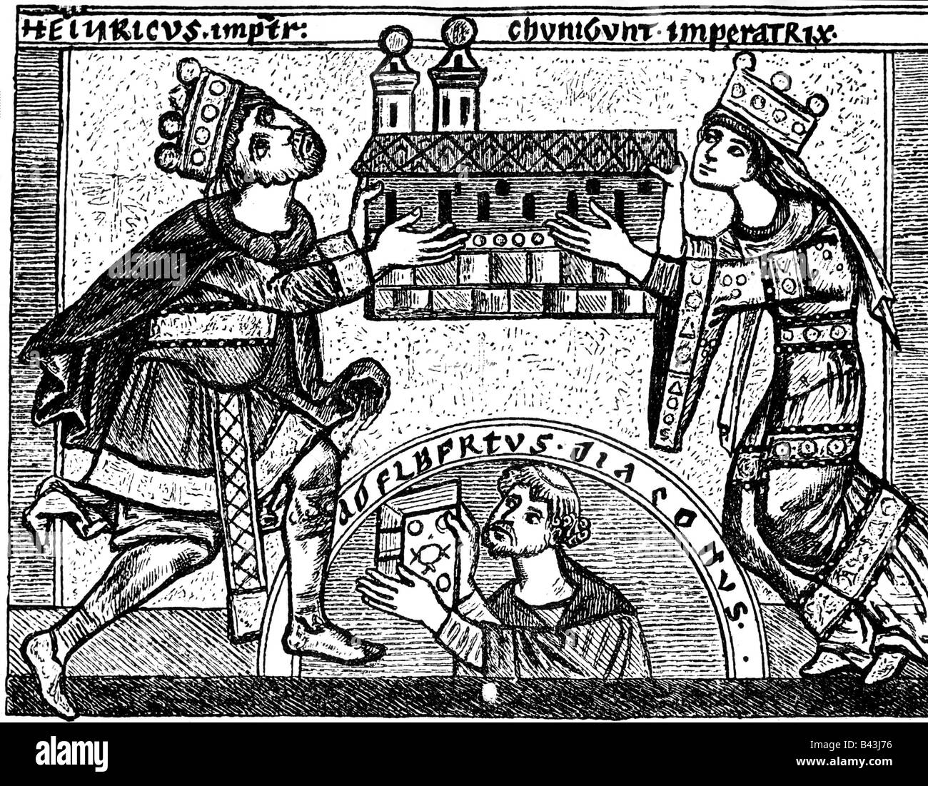 Henry II 'the Saint', 6.5.973 - 13.7.1024, Holy Roman Emperor  14.2.1014 - 13.7.1024, with wife Empress Kunigunde, drawing after Codex, Bamberg, bottom: Albertus Diaconus, , Stock Photo