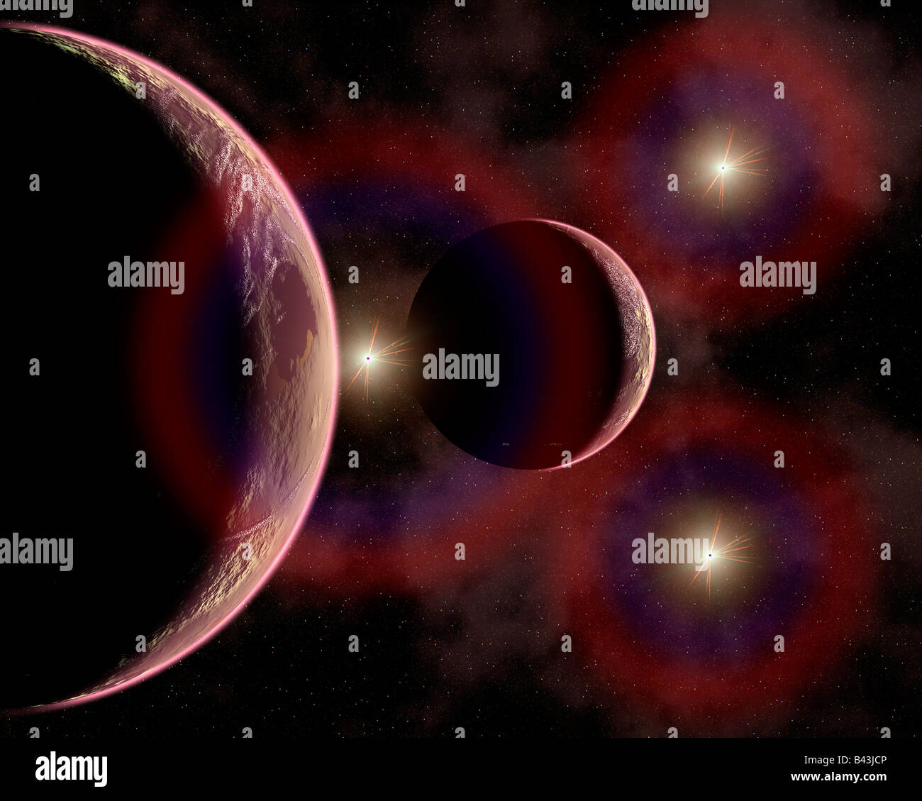Distant Alien Red Planets, In Orbit Around A Trinary Star System. Stock Photo