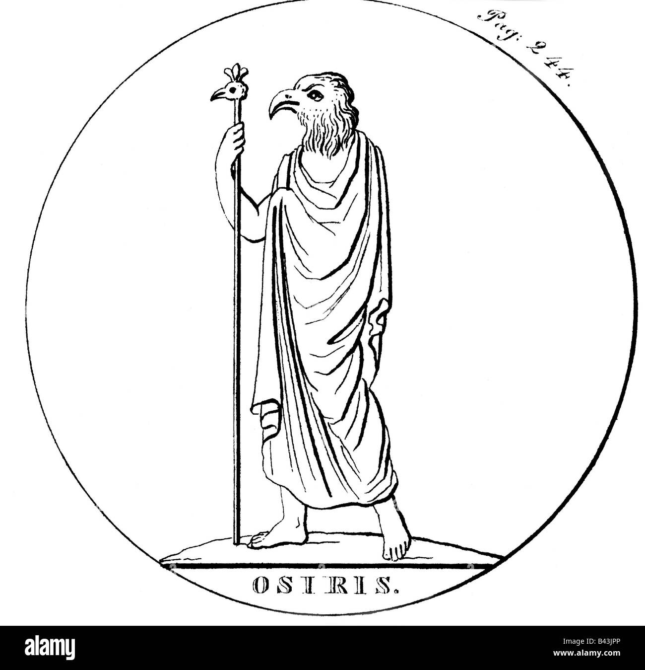 Osiris, Egpytian god, (fertility), full length, holding bar, engraving, after statuette, Stock Photo