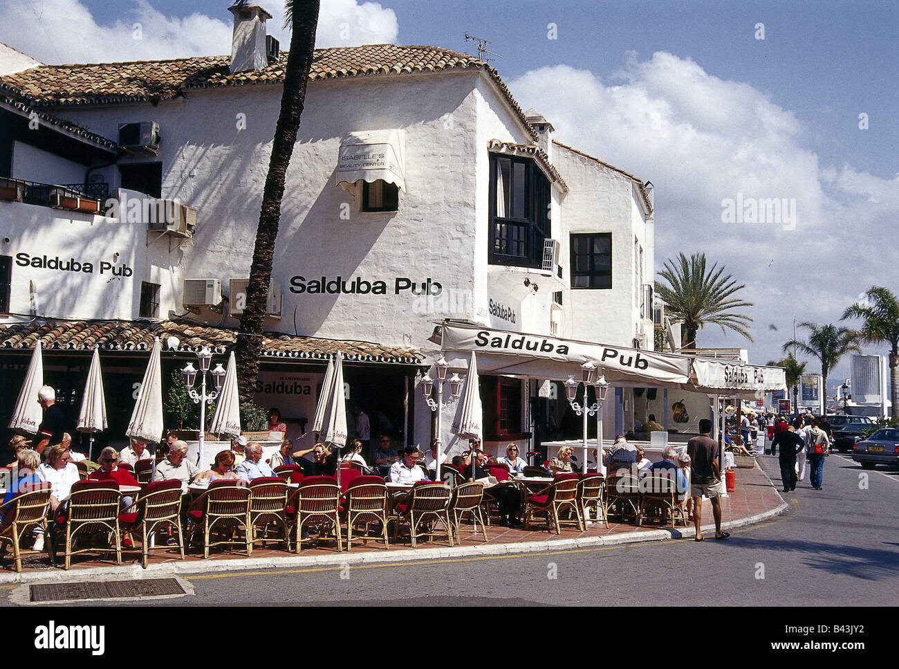 geography / travel, Spain, Marbella, gastronomy, restaurant Salduba Pub,  sports port Puerto Banus, Andalusia, tables and chairs, harbour,  Additional-Rights-Clearance-Info-Not-Available Stock Photo - Alamy