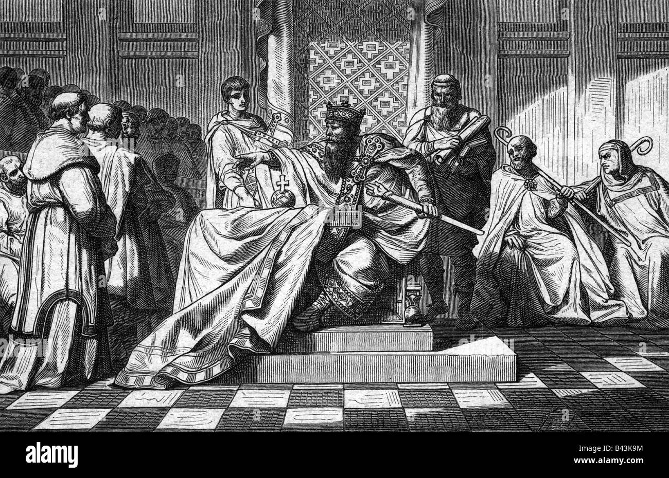 Otto I 'the Great', 23.11.912 - 7.5.973, Holy Roman Emperor 2.2.962 - 7.5.973,  King of Germans 936 - 973, during synode in Rome 4.12.963, removing of Pope John XII, historical painting, wood engraving, 19th century, Stock Photo