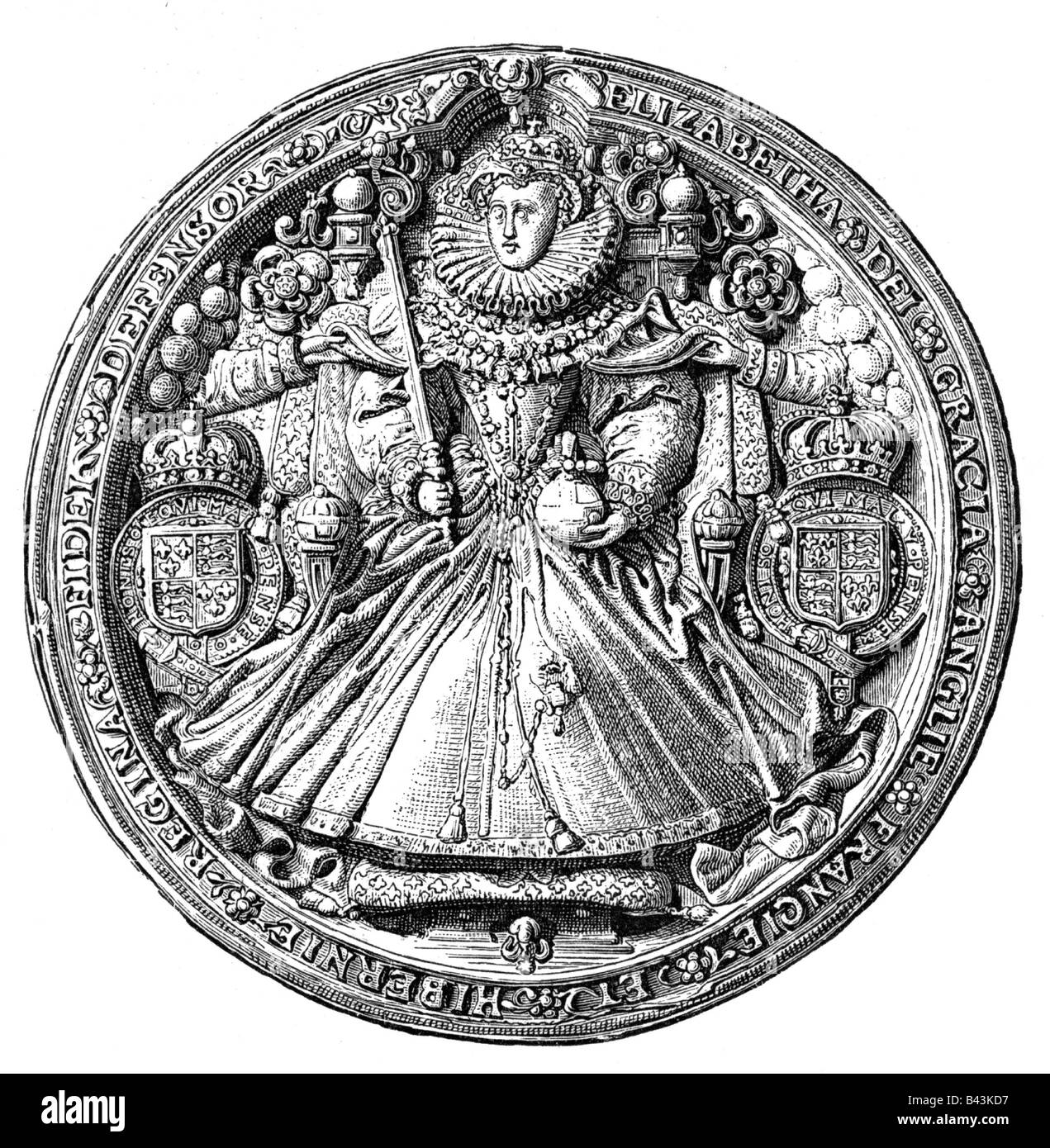 Elizabeth I, 7.9.1533 - 24.3.1603, Queen of England since 17.11.1558, throne signet, wood engraving, 19th century, after original, Stock Photo