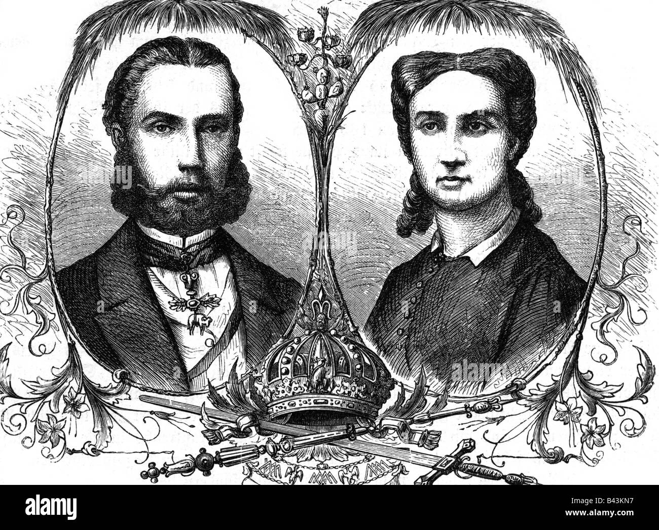 Maximilian I, 6.6.1832 - 19.6.1867, Emperor of Mexico 10.4.1864 - 14.5.1867, with wife Empress Charlotte, portraits, wood engraving, circa 1865, Stock Photo