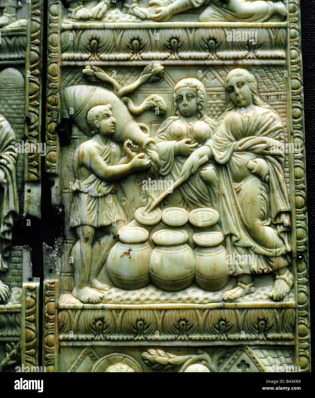 fine arts, Byzantine art, relief, depicting the Wedding at Cana, miracle, water to wine, ivory, altar, detail, 5th century AD, Victoria & Albert Museum, London, Artist's Copyright has not to be cleared Stock Photo