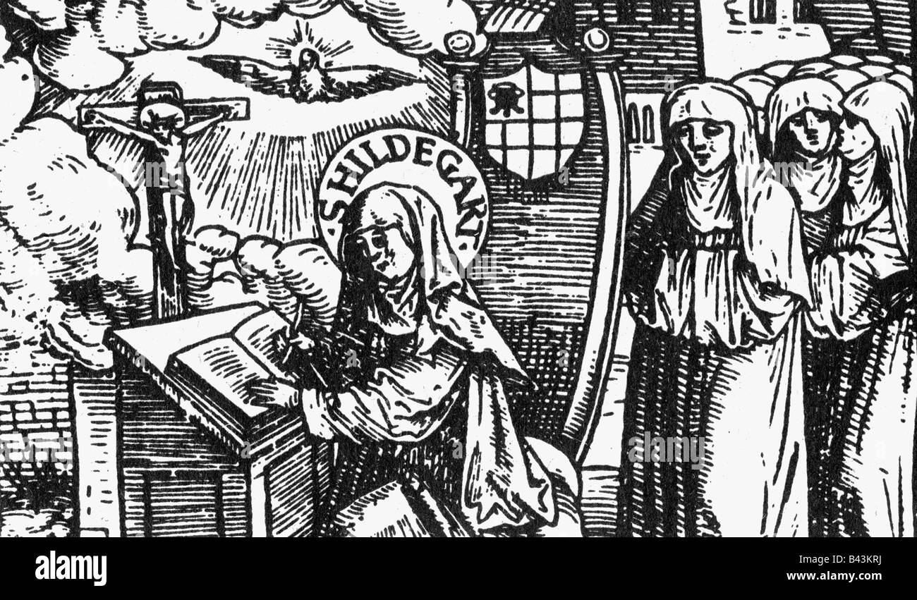 Hildegard of Bingen, circa 1098 - 19.9.1179, German saint, nun, mystic, woodcut, 1524, detail, Stock Photo