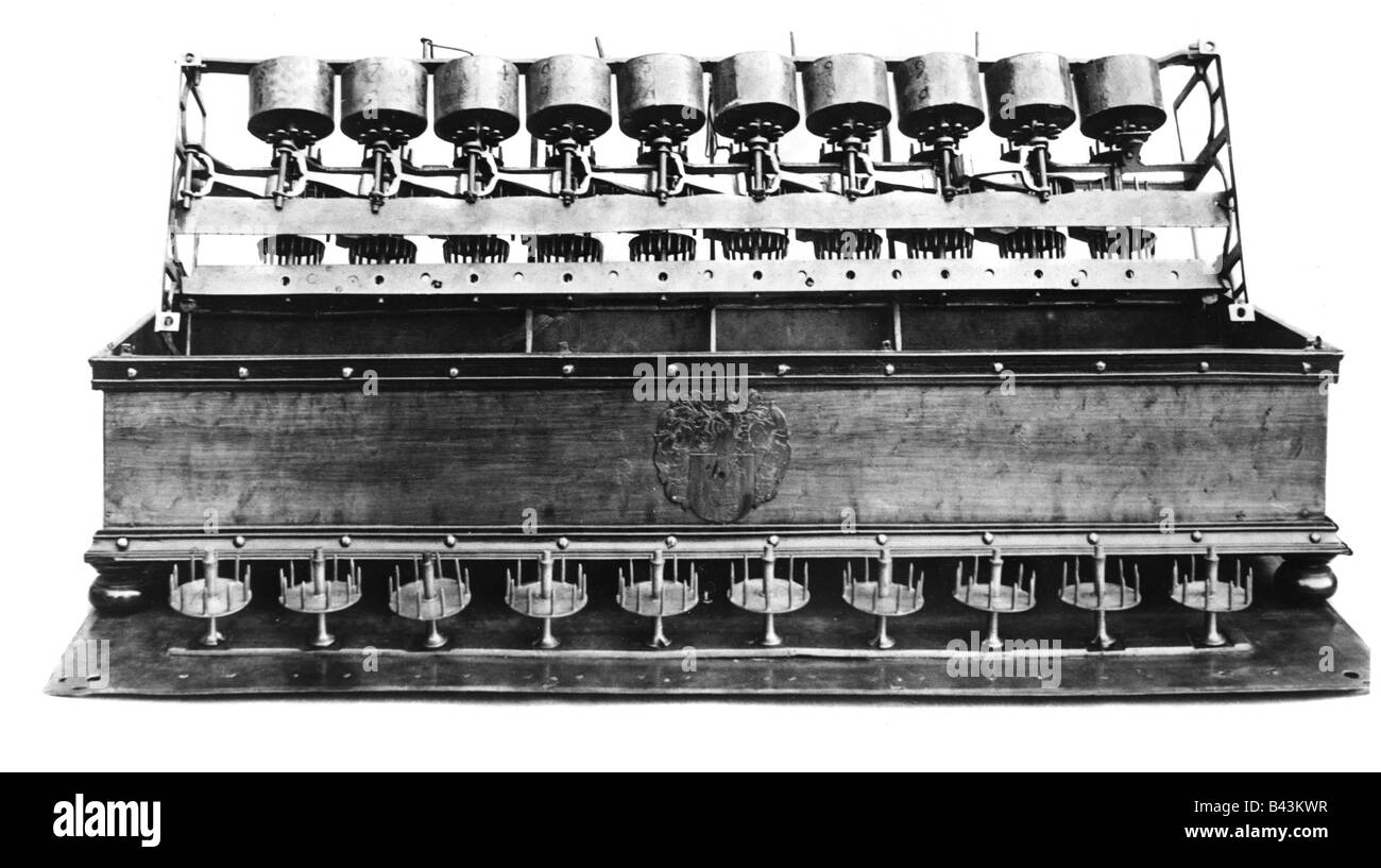 Pascal, Blaise, 19.6.1623 - 19.8.1662, French mathematician, philosopher and physicist, ten-digit Pascalean calculating machine, photography, 1950s, Stock Photo
