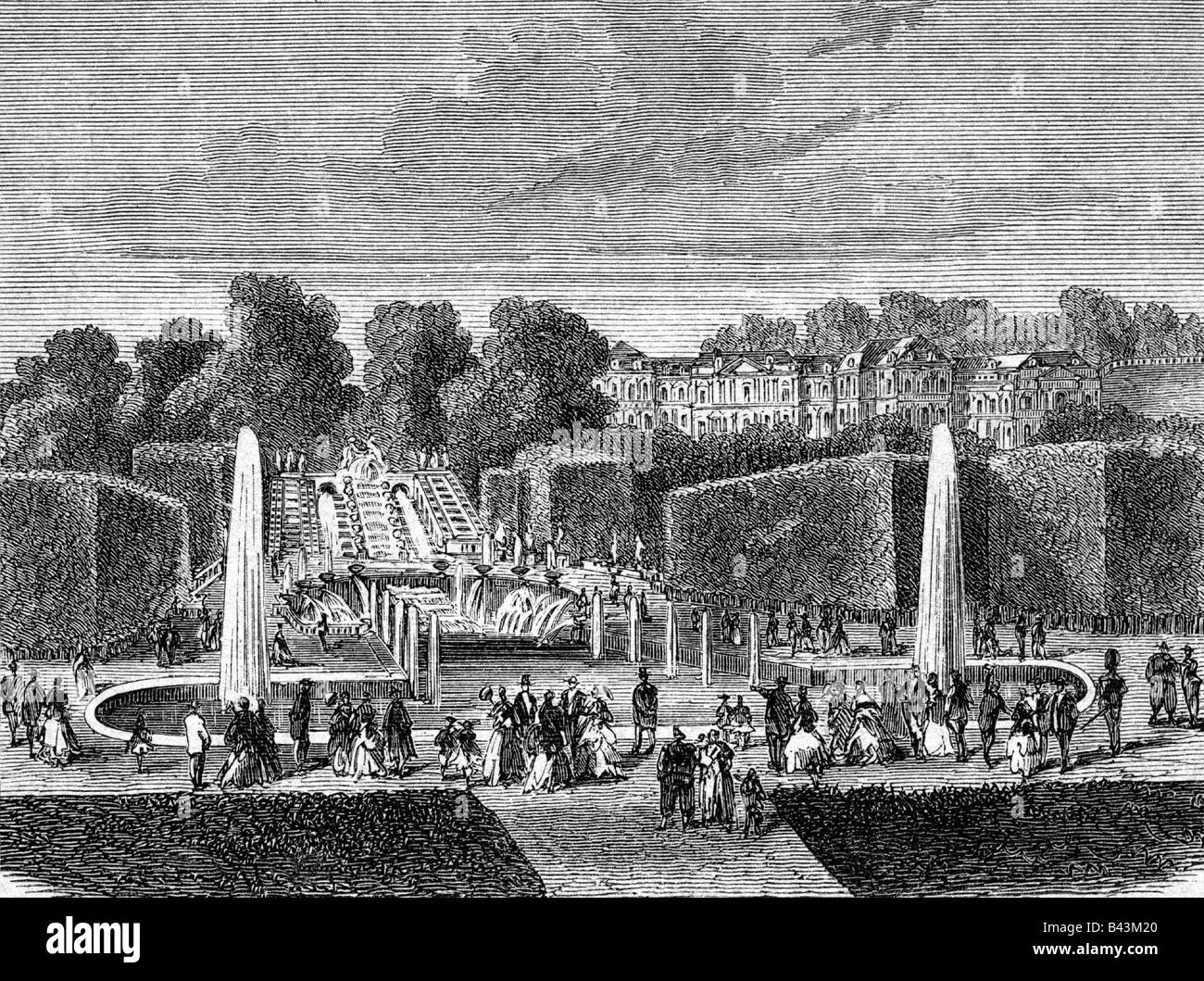 geography / travel, France, castles, Saint Cloud, exterior view, park, engraving, circa 1860, historic, historical, Europe, Franco-Prussian War 1870 / 71, place of war declaration by Emperor Napoleon III, july 1870, destroyed by French bombs 13.10.1870, park, garden, fountain, walkers, visitors, palais, castle, 19th century, people, Stock Photo
