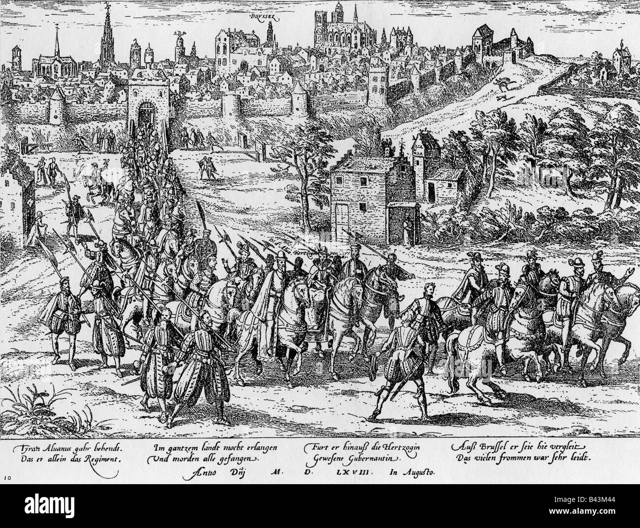 Margarete, 1522 - 18.1.1586, Duchess of Parma and Piacenza, governeur of the Spanische Netherlands 1559 - 1567 and 1580 - 1583, leaving Brussels, August 1558, copper engraving by Frans Hogenberg, 16th century, , Artist's Copyright has not to be cleared Stock Photo