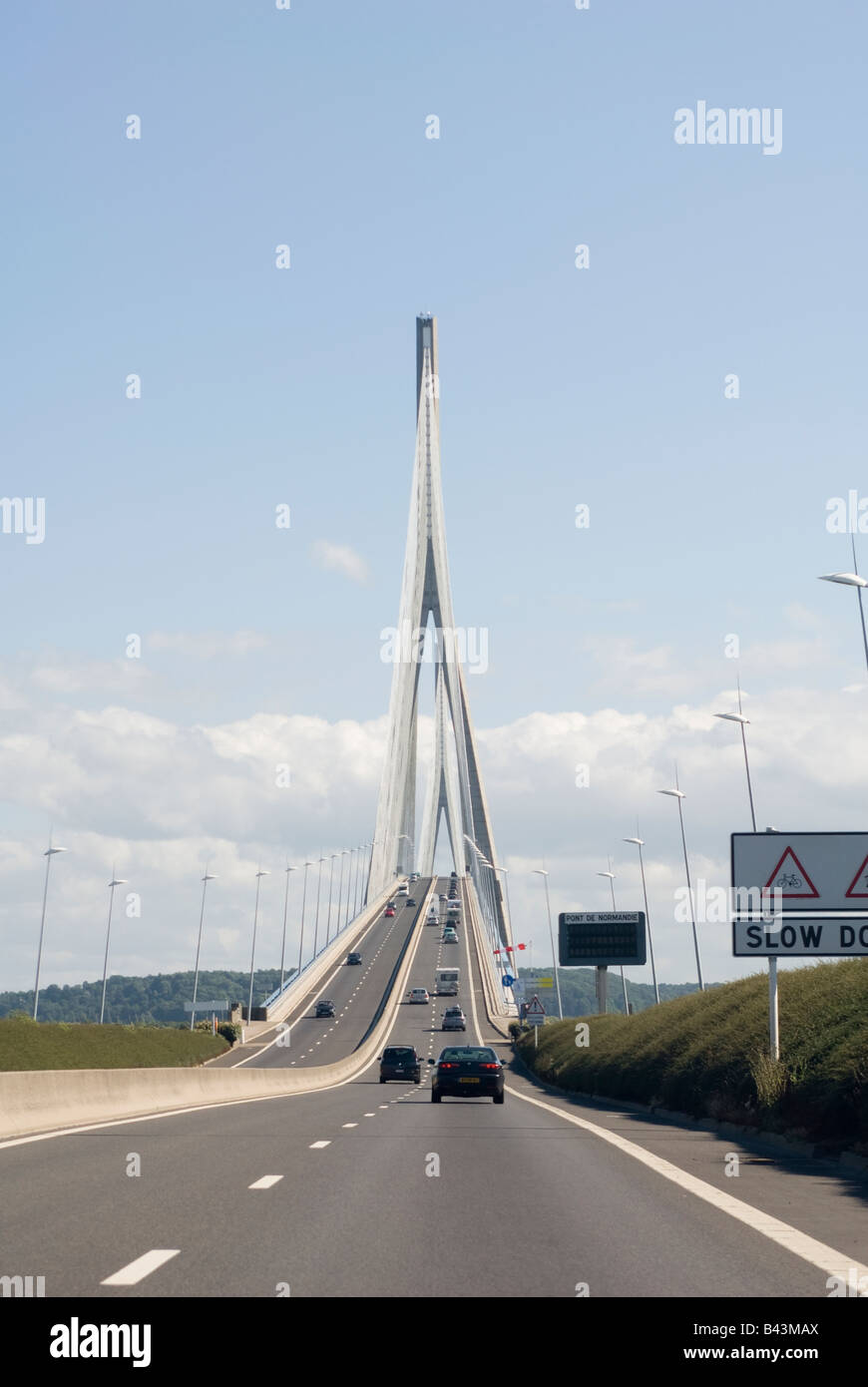 Autoroute crossing the Pont de Normandie over the River Seine at Le Havre bridge on the A13 in Normandy France Stock Photo