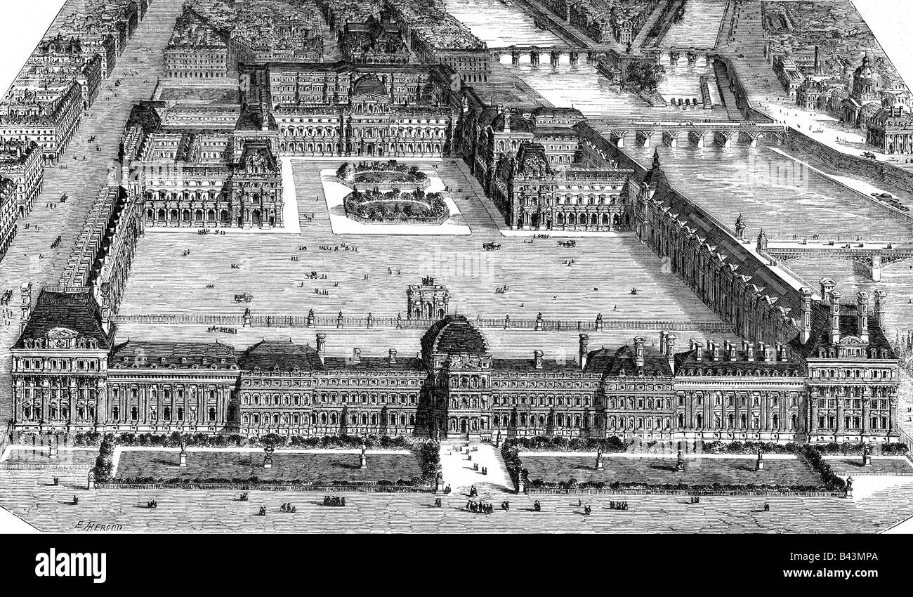 geography / travel, france, Paris, castles, Tuileres, exterior view, court of Arc de Triomphe, engraving, middle of 19th century, historic, historical, Europe, castle, palace, palais, built 1564 by Philibert Delorme, under Queen Catharine dei Medici, residence of king Louis XIV, Louis XVI, Louis XVIII, Napoleon I, Napoleon III, Carl X, Louis Philippe, architecture, river, Seine, Place de Caroussel, square, squares, Rue de Rivoli, bridge, bridges, Pont de Caroussel, Pont des Arts, Pont Neuf, triumphal arch, people, Stock Photo