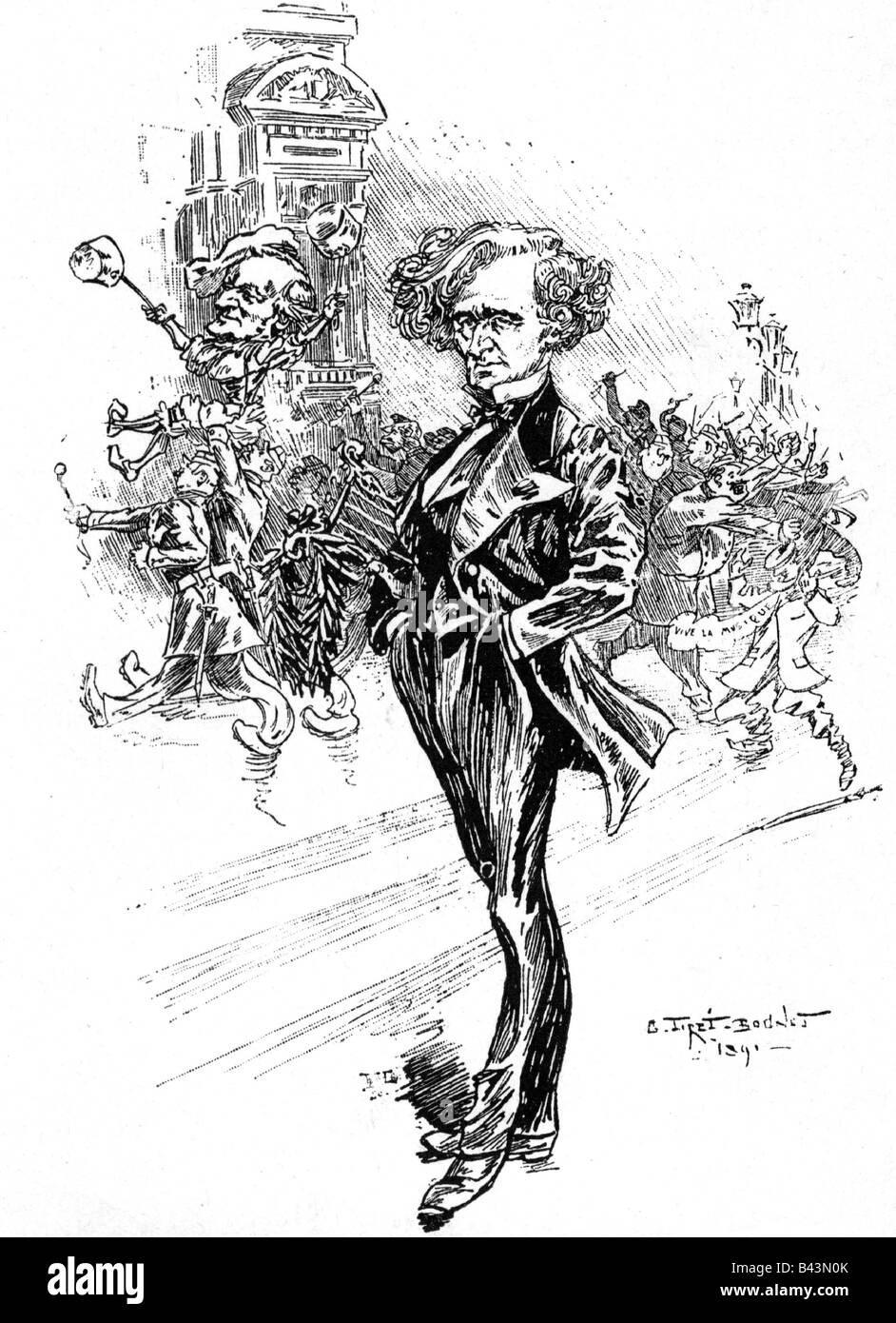 Berlioz, Hector Louis, 11.12.1803 - 8.3.1869, French composer, drawing, caricature by Tiret-Bognet, Illustration to J. Grand-Carteret, 1891, Stock Photo