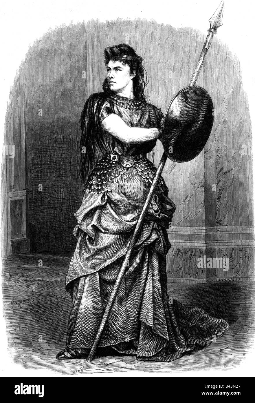 Ziegler, Klara, 27.4.1844 - 19.12.1909, German actor, full length, Brunhild, wood engraving by Adolf Neumann (1825 - 1884), Leipzig, Stock Photo