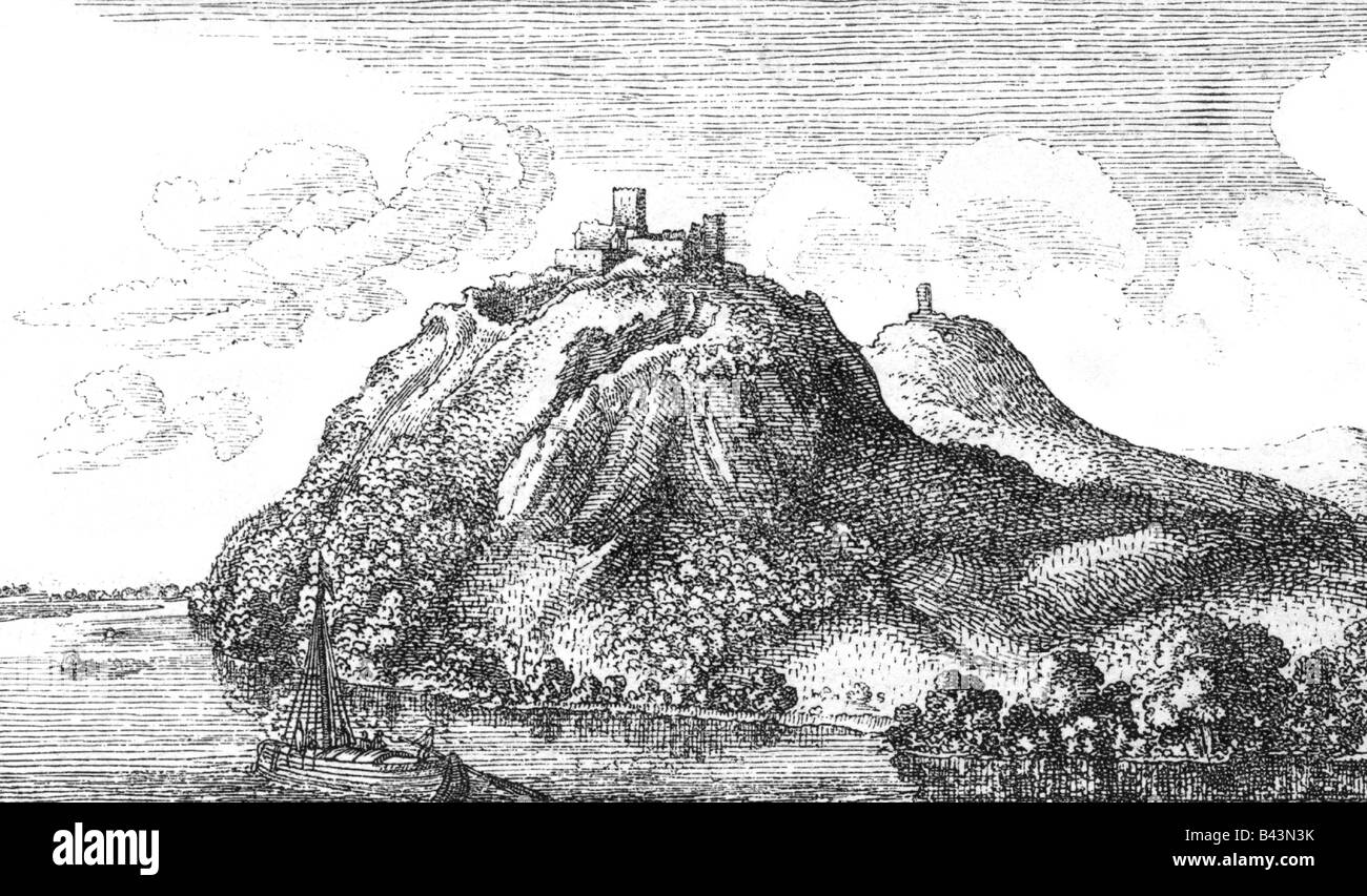 geography / travel, Germany, castles, fortress Drachenfels 17th century, built 1147, destroyed 1642, exterior view, engraving, after engraving by Wenzel Hollar (1607 - 1677), 19th century, Bonn in background, Stock Photo