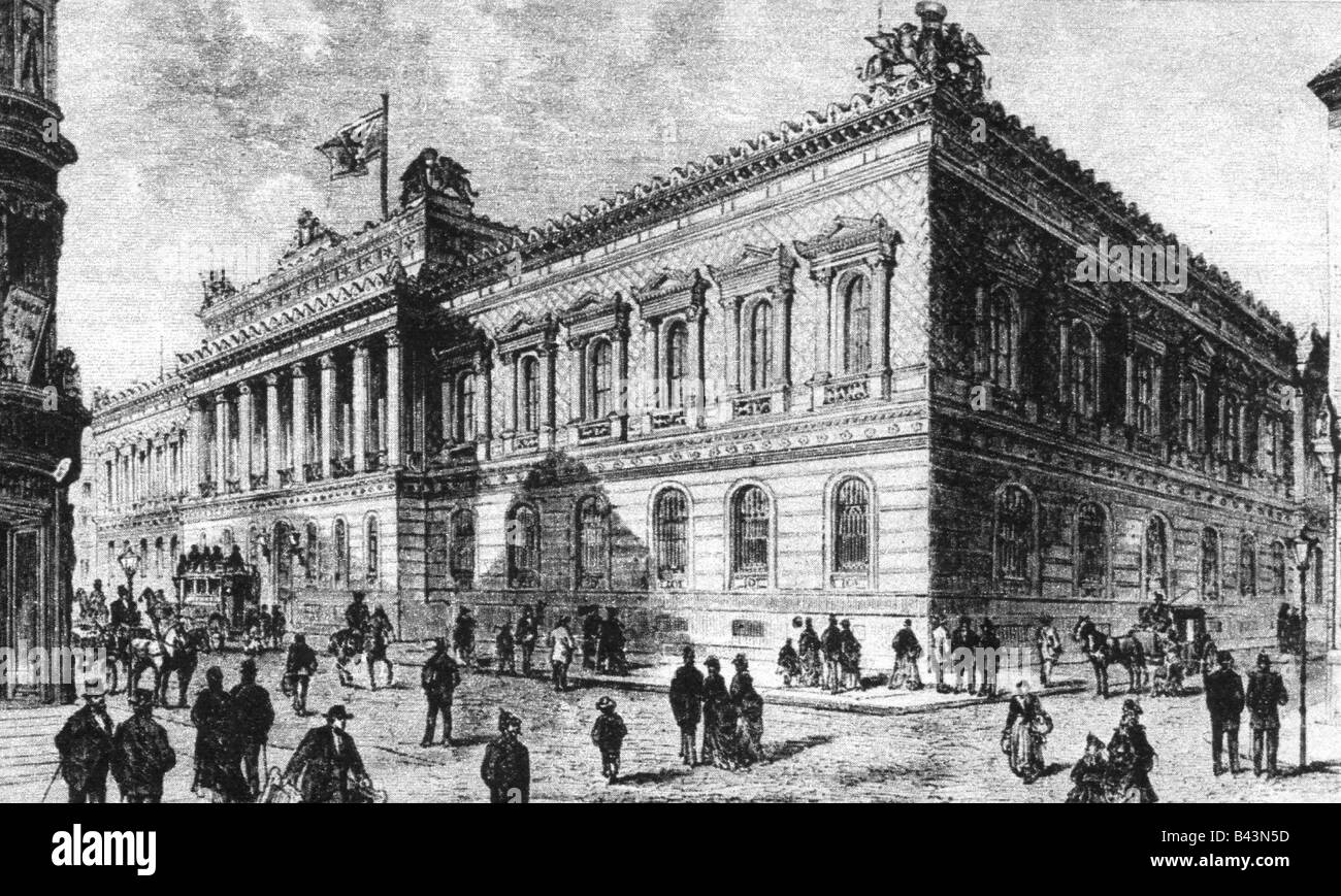 geography / travel, Germany, Berlin, buildings, Reichsbank, built 1869 - 1876 by Ferdinand Hitzig, exterior view, engraving, 1875, historic, historical, Europe, Central Bank of German Empire since 1876, money, commerce, building, architecture, street scene, German Realm, issuing bank, 19th century, people, Stock Photo