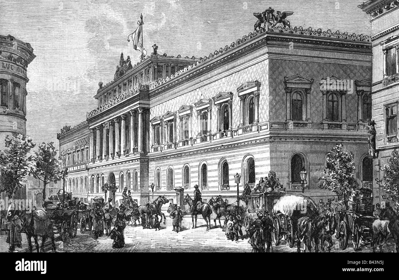 geography / travel, Germany, Berlin, buildings, Reichsbank, built 1869 - 1876 by Ferdinand Hitzig, exterior view, engraving, 1885, historic, historical, Europe, 19th century, issuing bank of German Empire, since 1876, money, commerce, street scene, traffic, German Realm, people, Stock Photo