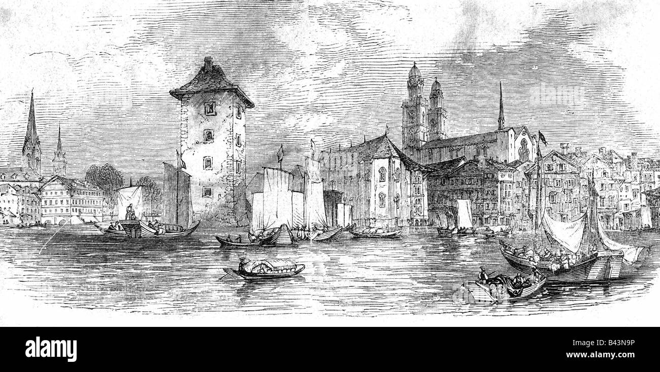 geography / travel, Switzerland, Zurich, city views / cityscapes, river Limmat, engraving 1859, Stock Photo