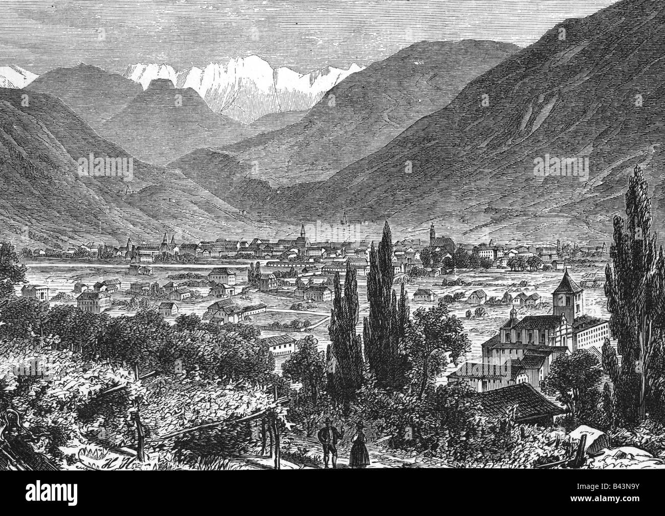 geography / travel, Italy, Bolzano, city views / cityscapes, view towards Rosengarten, engraving, 1893, Stock Photo