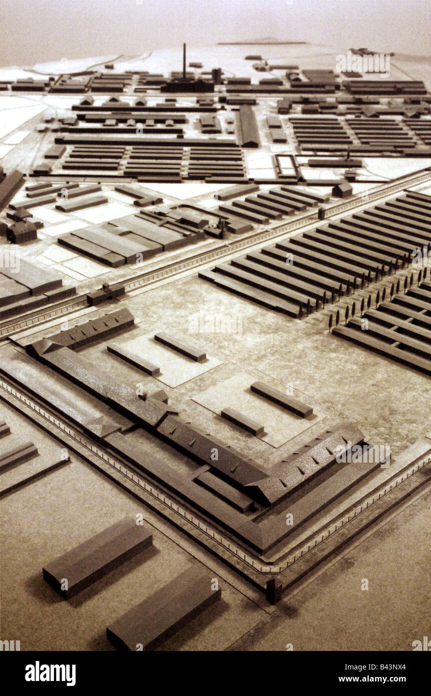 geography / travel, Nazi Germany, Bavaria, Dachau, miniature of the concentration camp Dachau in April 1945 shortly before the liberation, detail, prisoner camp with fence and watch-towers, accommodation huts for prisoners, sick person area huts, camp street with poplars, building for labour, so called jour house, the then central gate to the camp, the fenced camp is today a memorial square, symbol, terrorism, nazism, nazi, ns, holocaust, persecution of the Jews, third reich, watch tower, barrack, hut, further buildings, district heating plant, , Additional-Rights-Clearance-Info-Not-Available Stock Photo