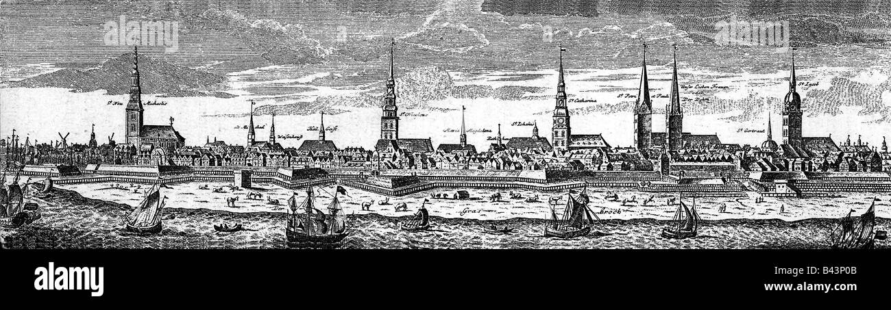 geography / travel, Germany, Hamburg, city views / cityscapes, engraving by Johann Baptist Homann (circa 1664 - 1724), late 17th century, historic, historical, Europe, Hanse City, Hanseatic League, church, churches, Elbe river, Gratbrock, city wall, moat, city view, cityscape, ships, navigation, people, Stock Photo